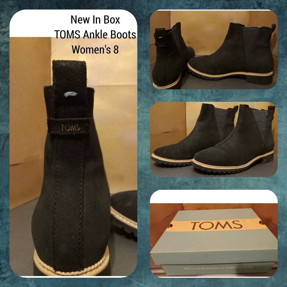 TOMS Ankle Boots, Black Suede, Size 8, In Box